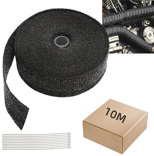 Fiqops 10M x 5CM Hitzeschutzband Auspuff Dichtband mit 10Pcs Edelstahl Kabelbinder Auspuffband Hitzebeständig bis 600°C Hitzeband für Motorrad Auto Fächerkrümmer,Schallschutz und feuerfest
