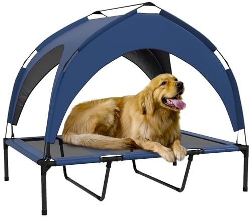 PawHut Cuccia per Cani Taglia Grande in Acciaio e Poliestere, Brandina per Cani con Tettuccio Protettivo in Tessuto Oxford Traspirante, 106x76x94 cm, Blu Scuro