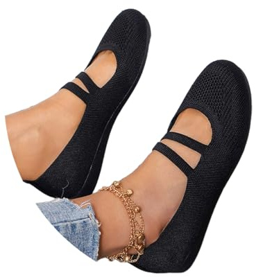 Minetom Ballerines Femme Plates en Tricot Chaussures De Marche À Enfiler Slip on Broderie Bout Rond Respirantes Classiques Mocassins avec Lanières A Noir 43 EU