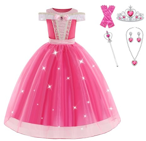 EARJIA Déguisement Princesse Fille Robe De Princesse Rose Pour Enfants Robes Fantaisie Avec Accessoires Tenue De Fête D'halloween De Carnaval Et De Cosplay