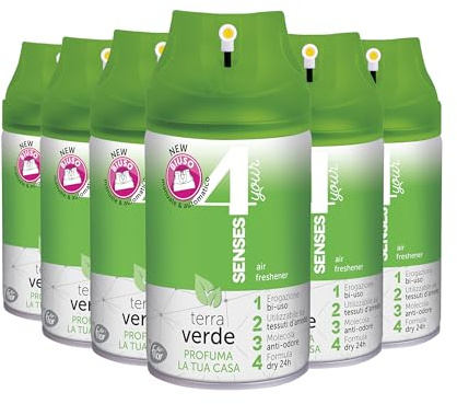 4 YOUR SENSES | Deodorante per Ambiente Spray Bi-uso, Formula Dry 24h con Molecola Anti-Odore, Utilizzabile sulle Superfici di Arredo, Terra Verde, 6x250 ml