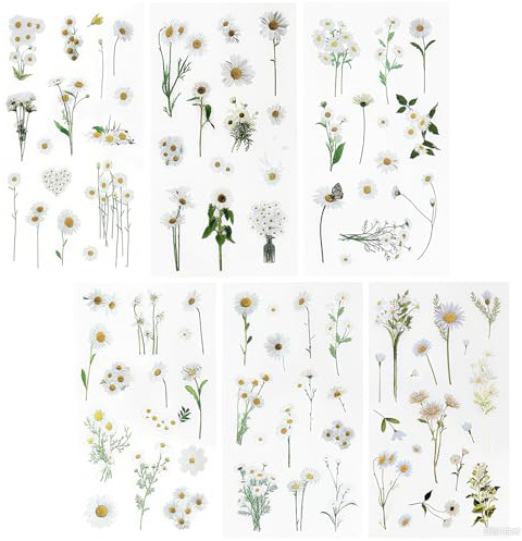 REEKNOKOL 12 hojas de pegatinas de flores, margaritas naturales, pegatinas florales de vinilo para álbumes de recortes, tarjetas, ordenador portátil, ocio creativo, botellas, diario