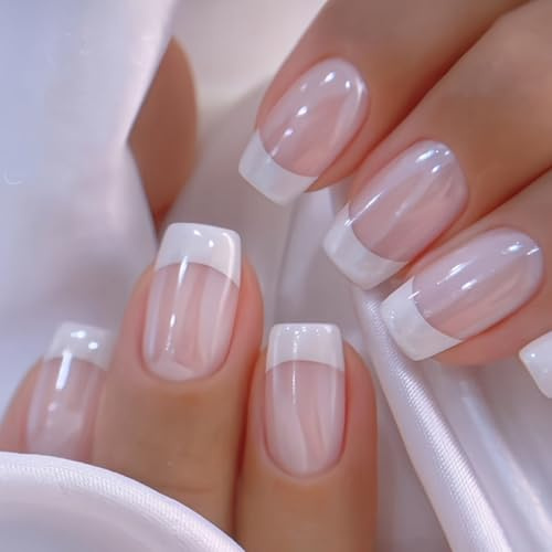 Ceboic 24Pcs White French Tip Press on Nails, Short Square False Nails, Nude Elegant Acrylic Glossy Fake Nail with Glue Stickers, Natural Reusable Stick on Nails for Women Girls Manicure Decorations
