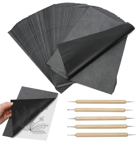 200 Sheets Black Graphite Transfer Paper A4, Carbon Copy Paper for Tracing on Wood, Canvas, Metal & Glass, with 5 Stylus, for DIY Art, Craft, Wood Burning & Dressmaking