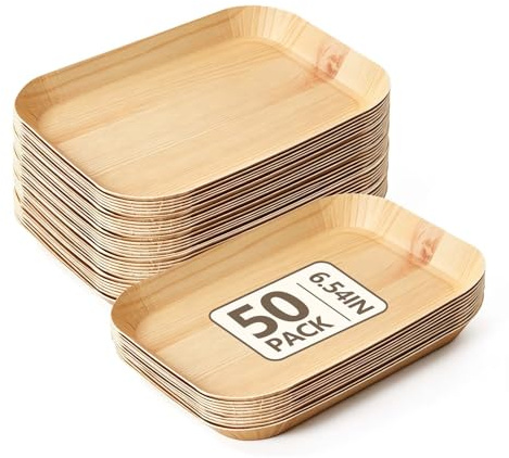 Cherrypick Paper Plates 166×126mm, 50 Pack Disposable Rectangular Wood-Look Paper Plates, Heavy Duty Serving Trays for BBQ, Picnic, Party, Catering, Serving Food, Steak, Bread, Snacks (6.5)