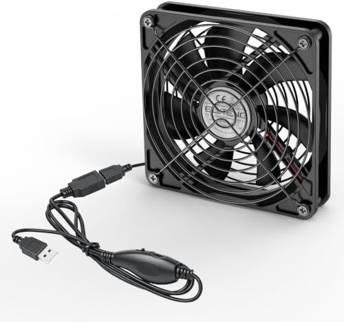 ELUTENG 120 mm USB-fläkt 5 V med 12 V steglös varvtalsregulator 1100–2200 varv/min, hydraulisk lagring, tyst PC-fläkt, 12 cm USB-fläkt med metallgaller för PC, TV-box, DVR, Xbox, PS5, skåp