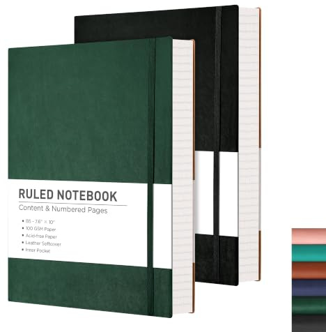 RETTACY B5 College Ruled Notebook 2 Pack - Softcover Composition Notebooks 408 Numbered Pages for Writing, 100gsm Lined Paper, for Women Men Work School, 19 x 25 cm - Black Green