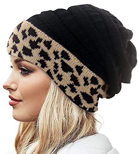 LUNULE Damen Strickmütze Modisch Leopard Muster Winterhüte Laufen Outdoor Radfahren Ski Joggen Strick-Mütze für Frauen Winter Verdicken Warme Beanie-Mütze Damen Schick Casual Wintermütze