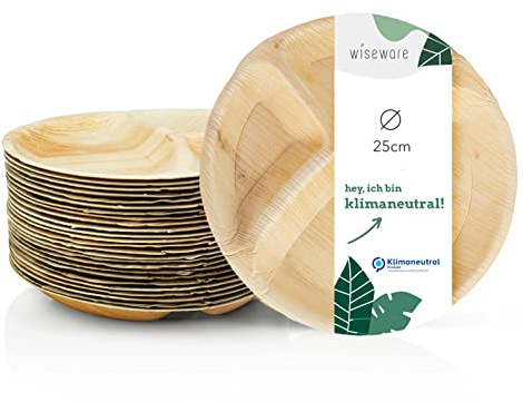 Wisefood Platos de hoja de palma, 25 unidades, platos de menú, redondos, 25 cm de diámetro, biodegradables, desechables, con 3 compartimentos, ideal como plato de cena o plato de fiesta