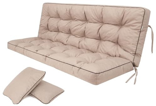 Bjird Cojin para Banco - Cojines Blandos de Asiento y Respaldo para Tumbonas, Bancos de Jardín, Columpios de Patio, Suelo - Impermeables con Diseño Acolchado y Correas - 120 cm - Beige