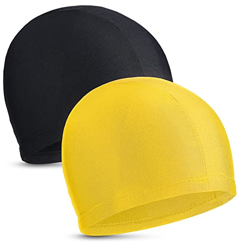 2 Pezzi Cuffie da Nuoto Elastiche Comodo Cappello da Nuoto in Tessuto Cuffie da Bagno Leggere per Donne Uomini Bambini Mentre Nuotano (Nero, Giallo)