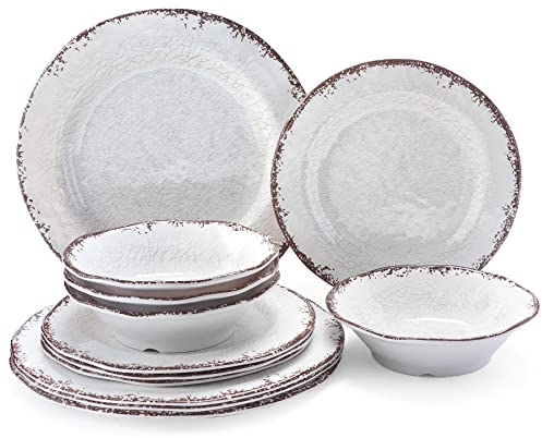 LEHAHA Juego de vajilla vintage de melamina blanca, 12 piezas, ligero, irrompible, para exteriores, para caravana, platos, platos y cuencos, servicio para 4, apto para lavavajillas