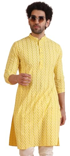 KISAH Mens Kurta - Printed Cotton Blend Tunic with Mandarin Collar, Regular Fit - Indian Wedding Outfit for Men - Festive Wear for Diwali, Eid & Celebrations D Yellow