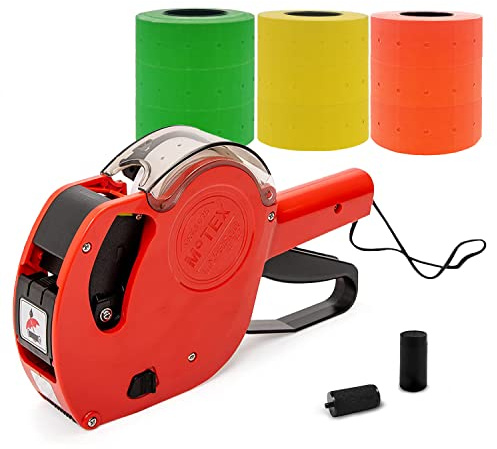 Motex Genuine MX-5500NEW 1 Line 8 Digits Price Tag Gun Kit - Includes 10,000 Blank Labels (White + Red + Yellow + Green) and 1 Pre-Loaded Inker with 1 Ink Refill