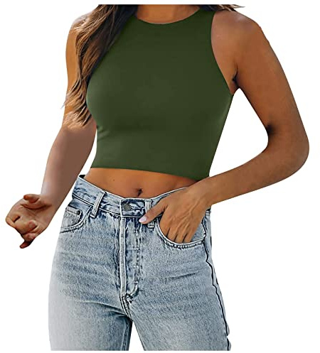 Azruma Blazerkleid Damen Elegant Zweiteiler Damen Sommer Hose Und Top Tanktops Frauen Einfarbig ÄRmellos Racerback Rundhals Cropped Tanktop Slim Crop Tops Blusenjacke Damen (GrüN, XL)