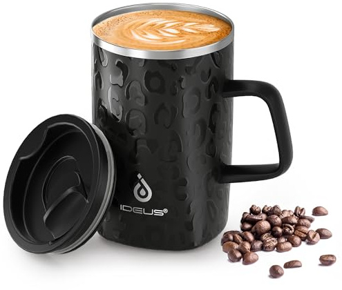 Ideus 16 oz Insulated Stainless Steel Coffee Mug with Lid, Leopard Black