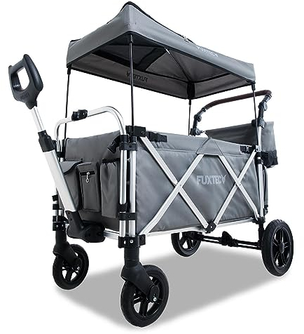 FUXTEC Bollerwagen faltbar FX-CTL950 Grau mit Dach - Transportwagen klappbar | Hecktasche, Komfort-Schiebegriff & Innenraumverlängerung | 5-Punkt-Gurt | Handwagen/Leiterwagen – Das Original