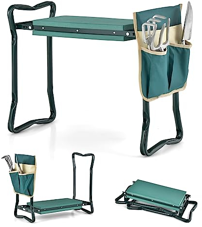 GOPLUS Kniebank, 2 in 1 Garten Arbeitshocker, klappbarer Gartenhocker mit Werkzeugtasche & Eva-Schaumkissen, bis zu 150kg Belastbar, Kniehilfe für Gartenarbeit (mit 1 Werkzeugtasche, Grün)