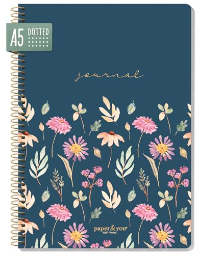 paper&you® dotted Journal A5 mit Spiralbindung Flying Flowers 160 Seiten, Notizbuch gepunktet mit Spirale, College-Block, Spiral-Block, Notizblock - nachhaltig & klimafreundlich