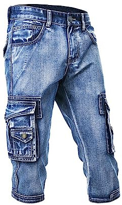 DGKaxiyaHM Hommes 3/4 Cargo Biker Denim Shorts Jeans Biker Stretch D'éTé à Poches LatéRales Jean Court Slim Fit Casual Capri (Bleu,32)
