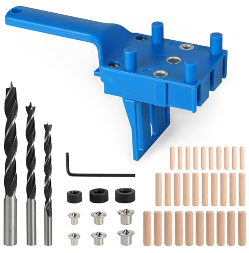 EXLECO Borrschablon plugghjälpmedel plugg borrguide vertikal borrning plugganordning med 6 mm 8 mm 10 mm borr, träplugg, centreringsspetsborrguide för plugghål, träbearbetning, blå