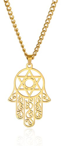 unift Collier Hamsa Main de Fatima avec L'étoile de David pour Femmes Hommes en Acier Inoxydable Collier Pendentif de Bénédiction Juive Hébraïque Collier Islamique Allah Bijoux Religieux (Or 2)