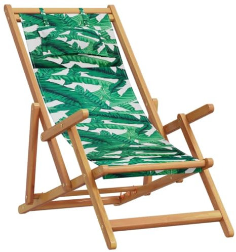 vidaXL StrandstuhL, Klappbar Gartenliege mit Kissen Armlehnen, Liegestuhl für Garten Terrasse Balkon, Strandliege, Blattmuster Massivholz Eukalyptus Stoff