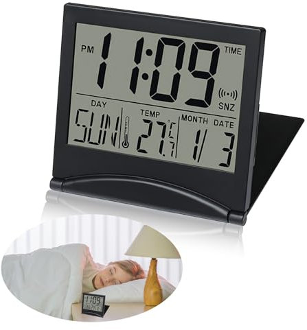 Black Digital LCD Clock Alarm Travel Foldable Deskclock Bedside Creative Portable Compact Office Small Clock with Date, Day, and Temperature Display – Battery Operated