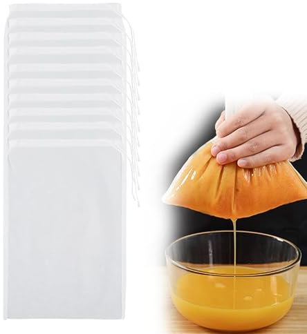 QTTRPCU 10 Stück Nussmilchbeutel Bio Waschbar, Passiertuch Wiederverwendbar mit Kordelzug, Filterbeutel Nylon für Nut Käse Fruchtsaft Joghurt Käse Fruchtsaft Kaffee (20 × 30 cm)