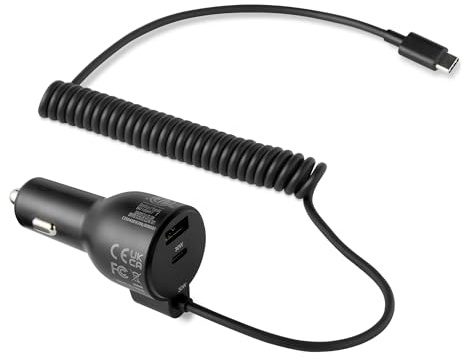Cargador de coche Amazon Basics de carga rápida, 1 USB-C + 1 USB-A + 1 cable USB-C en espiral integrado, 60 W, negro