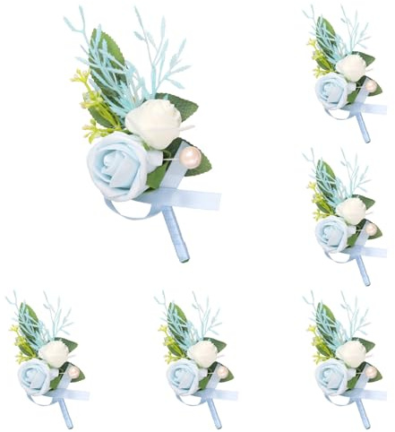 sourcing map 6pcs Light Blue Boutonnieres for Men, Artificial Flower Buttonholes Pocket Corsage with Boutonnieres Pins for Wedding Bride Groom Ceremony Anniversary Formal Party