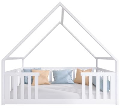 Mirjan24 Kinder Hausbett Bapol, Kinderbett, Holzbett für Kinder mit Lattenrost aus Buchensperrholz, Bodenbett aus Massivholz (Weiß, 80 x 180 cm)