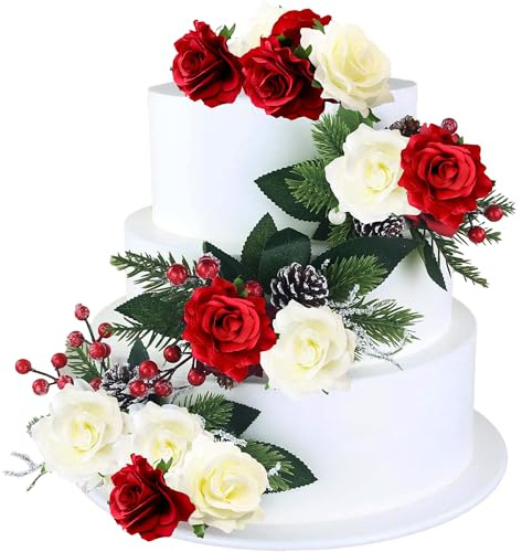 Gyufise Lot de 8 décorations de gâteau artificielles de style bohème pour femme, anniversaire, fête prénatale, mariage, Saint-Valentin, fête bohème, blanc et rouge