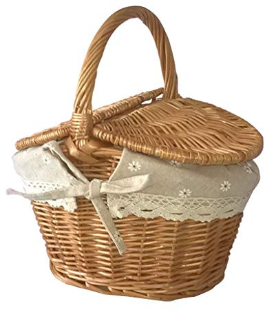 Wicker Picnic Basket, Handmade Woven Wicker Hamper with Handle Double Lid, Vintage Picnic Hamper for Home Decor, Portable Storage Basket for Outdoor Camping