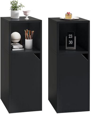 YMYNY Narrow Bedside Table Set of 2, Slim Side Table with Open Compartment and Door, Adjustable Shelf, Bedside Cabinet, for Bedroom, Living Room, Black HST016B-2