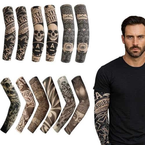 XcnPer 12Pcs Tattoo Sleeves for Men, Fake Tattoo Sleeve Set, Halloween Themed Arm Covers for Parties, Concerts and Role Play, Ideal for Teens and Adults