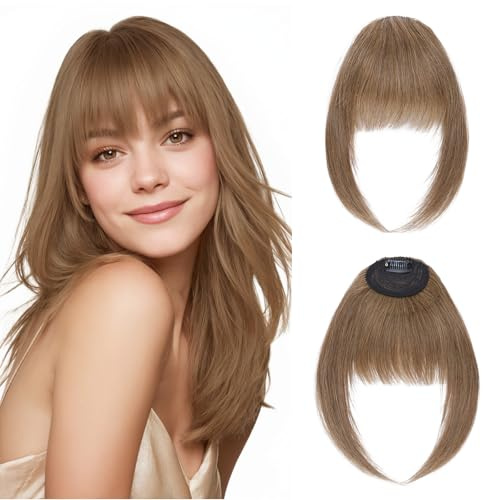 MY-LADY Frangia a Clip Capelli Veri 14g, Leggera Frangetta Finta Francese con Tempie, Marrone Chiaro Posticci Frangia Frontale Extension per Correggere i Contorni del Viso, Clip in French Bangs (#06)