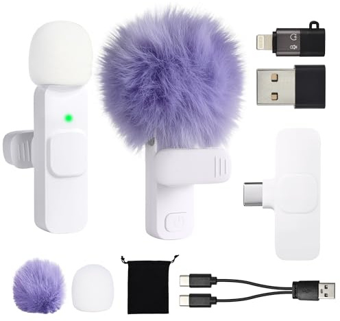 Mini Microfono Inalambrico para iPhone Movil Android Tablet iPad PC, Mic de Solapa USB C para Podcast Vlogging Grabación de Video Youtube TikTok Creadores de Contenido Entrevista, Micro Blanco Morado