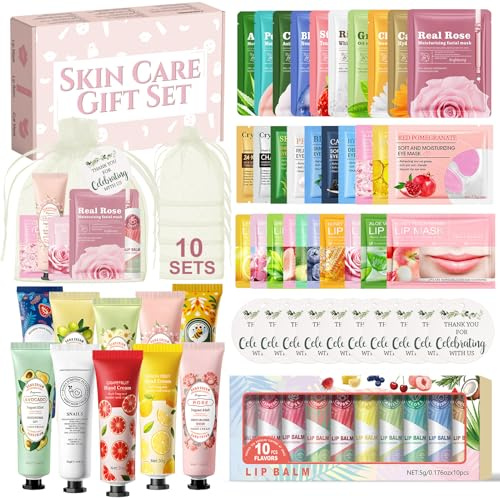 70 Pezzi Cofanetto Skincare Donna, Gift Set for Women, Kit Maschere Viso con Creme Mani, Face Mask, Patch Occhiaie, Lip Mask, Lipbalm, Adatto per Articoli per Feste in SPA, Bomboniere per Matrimoni