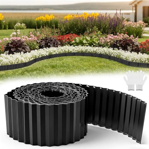 wowspeed 1 Pieza Borduras Jardin de Acero Galvanizado, 10m Bordura Jardin Exterior, 15cm de Alto, Corrugado, Borde de Césped Flexible, Separador para Jardín Patio Césped Plantas Huerto, Negro