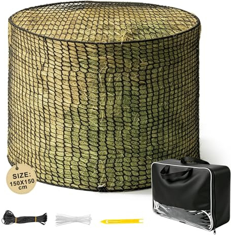 MIGUBIGU Filet a Foin Cheval Grosse Maille 150 x 150 cm, Filet pour Balles Rondes, Mailles de 4,5 x 4,5 cm, Noir, Polypropylène, Filets à Foin Balle Ronde pour Bovins, Moutons et Lamas
