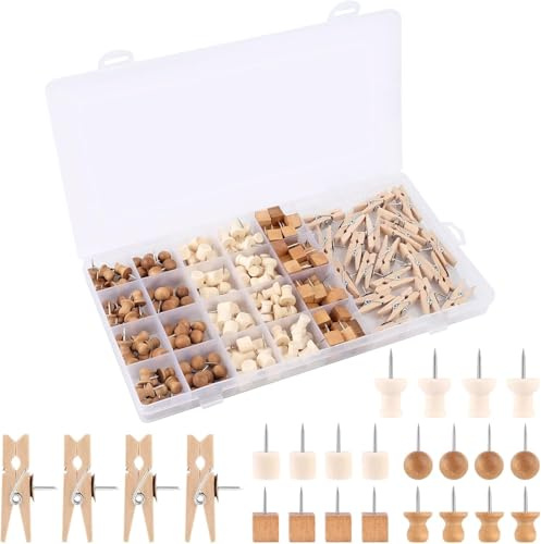 220 Piezas Chinchetas de Madera, Agujas con Puntas de Acero, Pines para Tablero de Anuncios de Corcho, Mapa, Fotos, Oficina, Hogar, Colegio (6 Tipos)