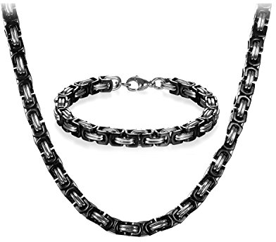 JewelryWe Halskette Armband 2er Set Herren: Silber Schwarz Edelstahl 8mm Breite Königskette Byzantinische Ketten Set von Halsketten und Armketten Männer Dick Schwer Kette Hip Hop Punk Schmuck 22 Zoll