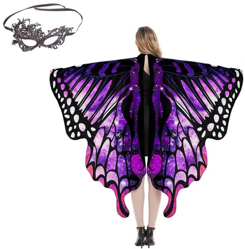 MiiDD Ailes de Fée Adulte Châle,Ailes de Papillon Adulte Cape 168 * 135 cm,Déguisement Femme Papillon Adulte avec Polyester Femme Fille pour Costume Carnaval Danse Cosplay Fête(Violet)