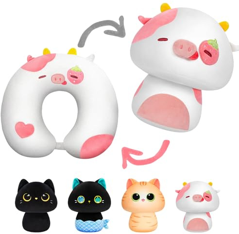 Mewaii Almohada de Viaje Peluche Cojín de Peluche Vaca Fresa Almohada de Cuello Juguete de Peluche Reversible 2 en 1 para Avión Coche Tren Regalo para Niñas y Niños Adultos