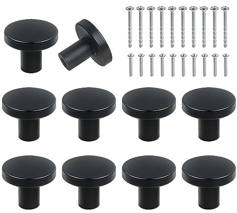 Realure 10 Pcs Solid Round Cabinet Knobs with 20 Screws, Single Hole Black Drawer Knobs, Hardware Small Door Knobs for Cupboards, Wardrobe, Closet, Kitchen, Home Decorating, (20 * 25mm)