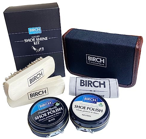 BIRCH Ultimate Shoe Shine Kit - 6 Piece Luxury Set with 2x Shoe Polishes, 2x Brushes, Microfiber Cloth, Two-Tone Case