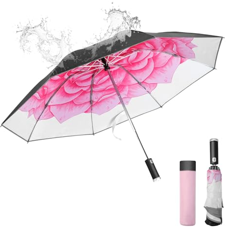 Cooloutdoors Regenschirm Sturmfest Faltbarer Schirm Sturmfest - 210T Touchdown 8 Fiberglasrippen Männer und Frauen Brolly Regenschirm Klein und Tragbar Langlebige Faltbare Taschenschirm Rosa