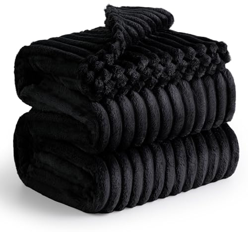 BEDSURE Kuscheldecke für Zimmer Deko - Wolldecke & Fleecedecke, Sofadecke, Weiche Warme Grobe Korddecke für Couch, Geschenke für Frauen, Tagesdecke, Große Decke, Schwarz, 230 x 270 cm