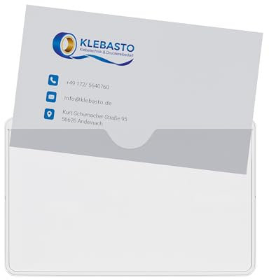KLEBASTO Visitenkartentaschen selbstklebend | transparent | Visitenkartenhüllen zum kleben | Kartenhüllen zum einkleben | Selbstklebetaschen Glasklar (Daumenaussparung breite Seite offen, 100)